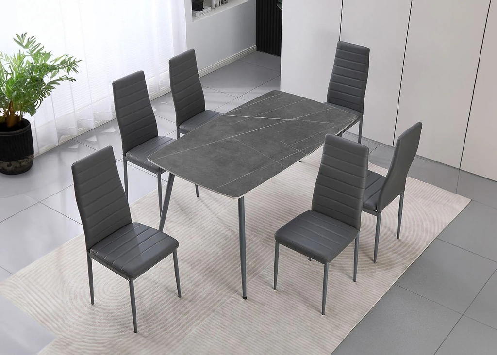 Conjunto de Mesa de Cristal Templado de 140 cm y 6 Sillas de Polipiel DT-63+6S