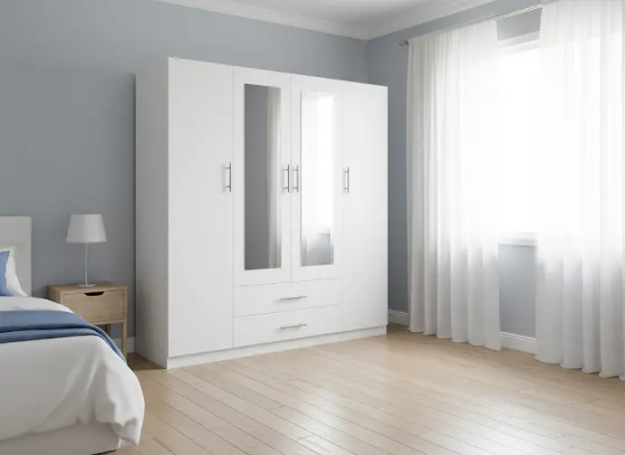 [W-15] Armario de Dormitorio 4 Puertas W, con Espejo 