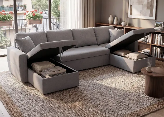 Sofá Doble Chaise Longue Nora, con Arcón 287cm 